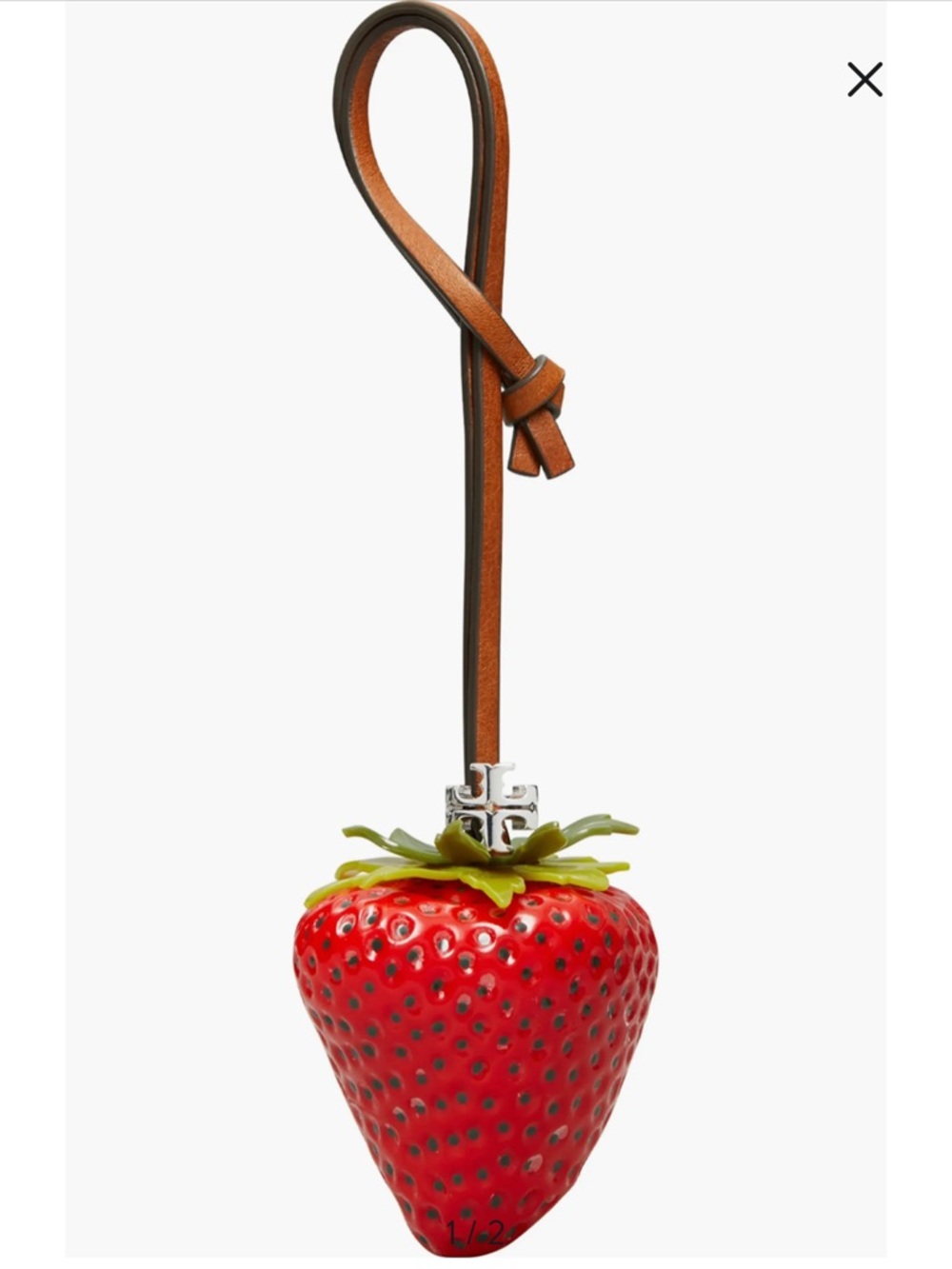 Tory Burch Strawberry Leather Key Charm in Red with Green Top and Brown Strap